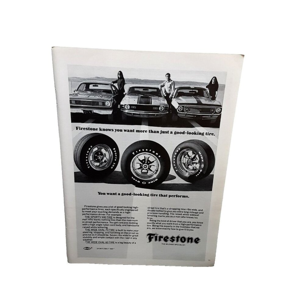 1971 Firestone Tires Ford Mustang AMC Javelin Dodge Dart Original Print Ad 70s